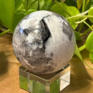 Sphère Pierre de Lune & Tourmaline noire + Support