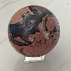 Sphère Agate volcanique, Agate rose et Rhyolite + Support, Réactive aux UV