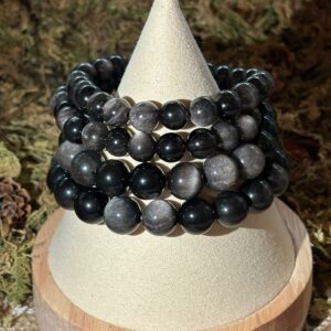 Bracelet Obsidienne Argentée – perles rondes (8 ou 10 mm)